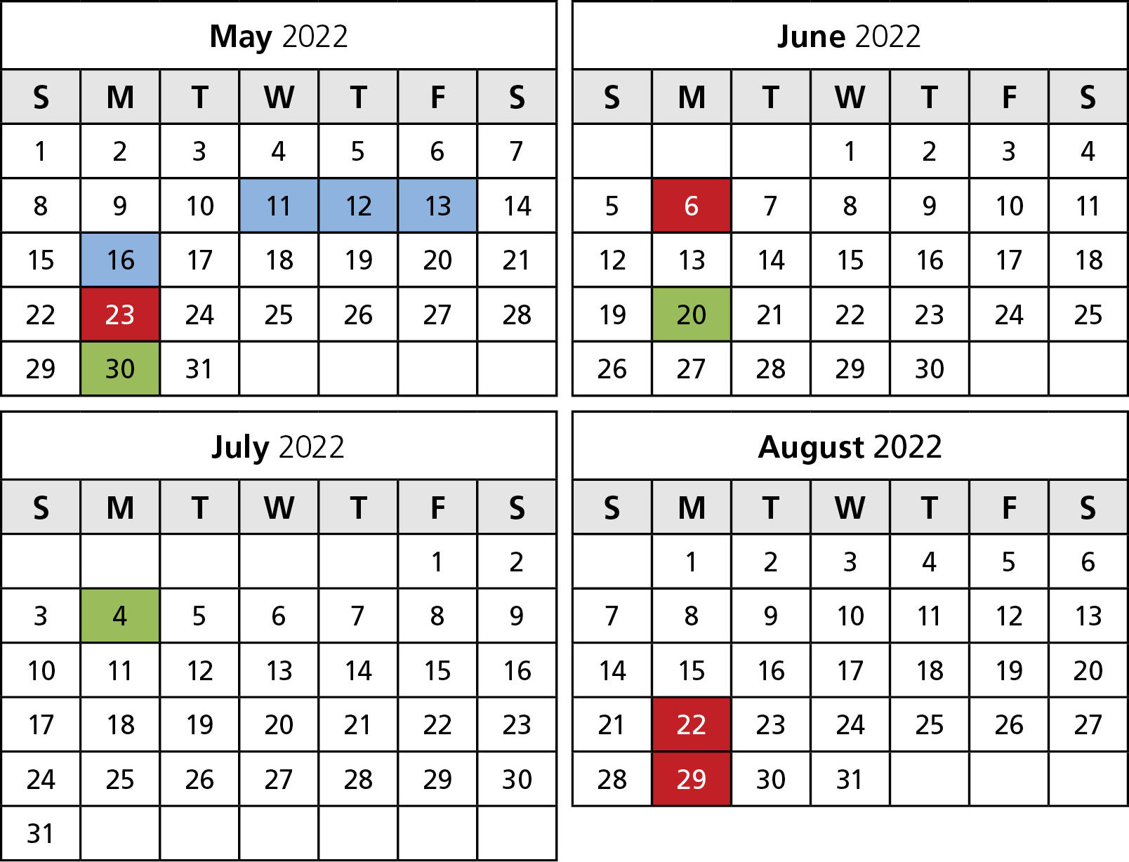 Summer Semester 2022 Calendar